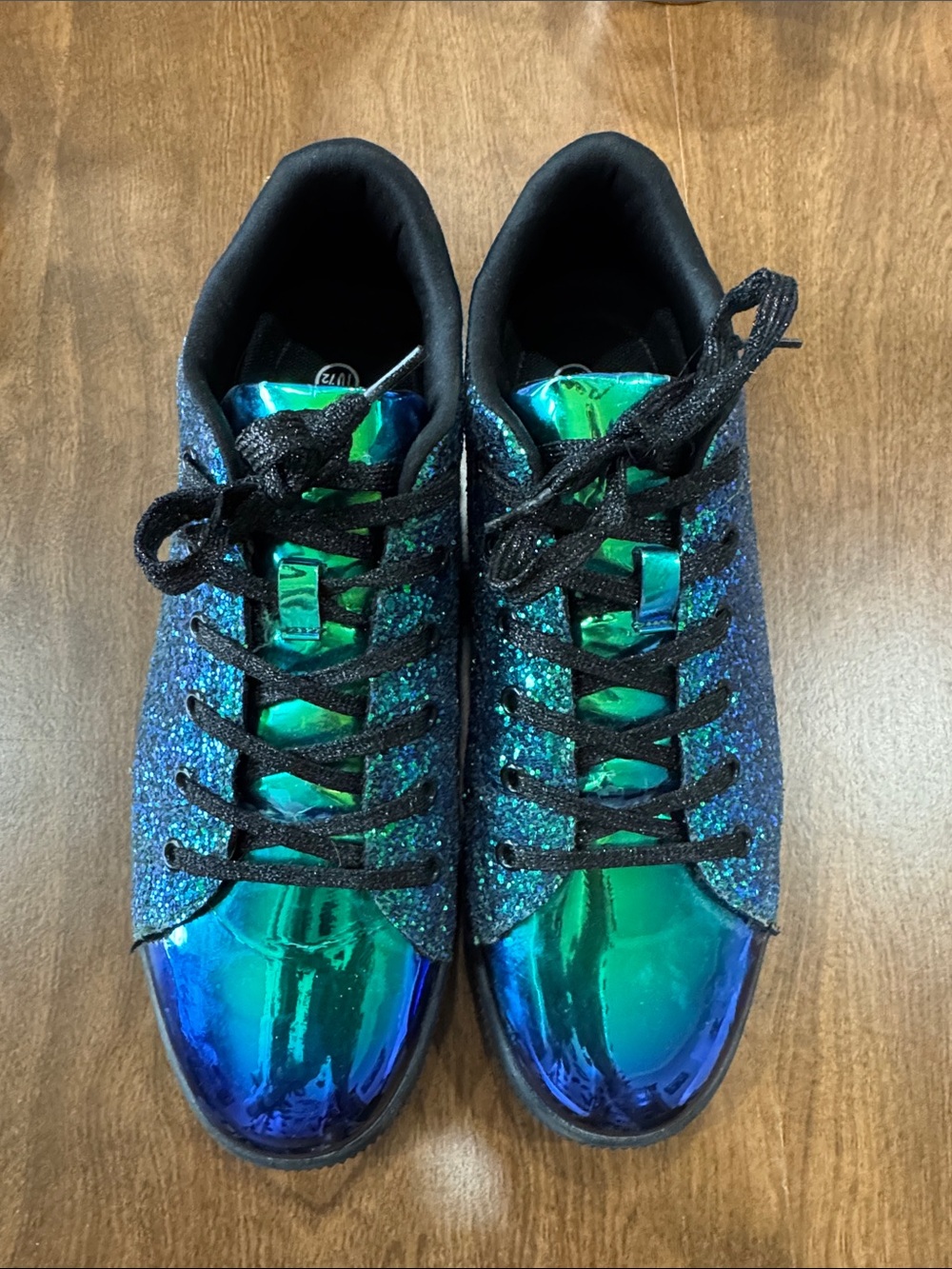 Women's Iridescent Blue-Green Glitter Lace-Up Sneakers